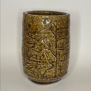 Rustic Brown Glazed Ceramic Vase with Tree Deco 7.5” tall 4.5” Opening